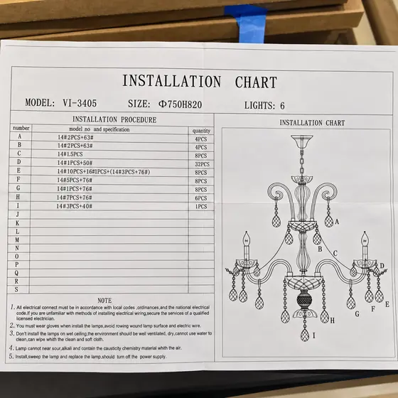 Manual de instalação de lustre de cristal com lista de peças