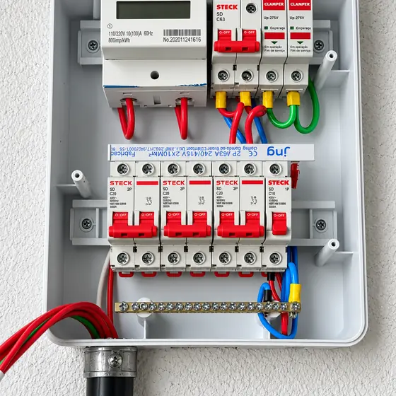 Quadro com medidor digital, DPS e disjuntores