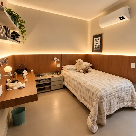 Quarto com fita de LED na sanca e marcenaria